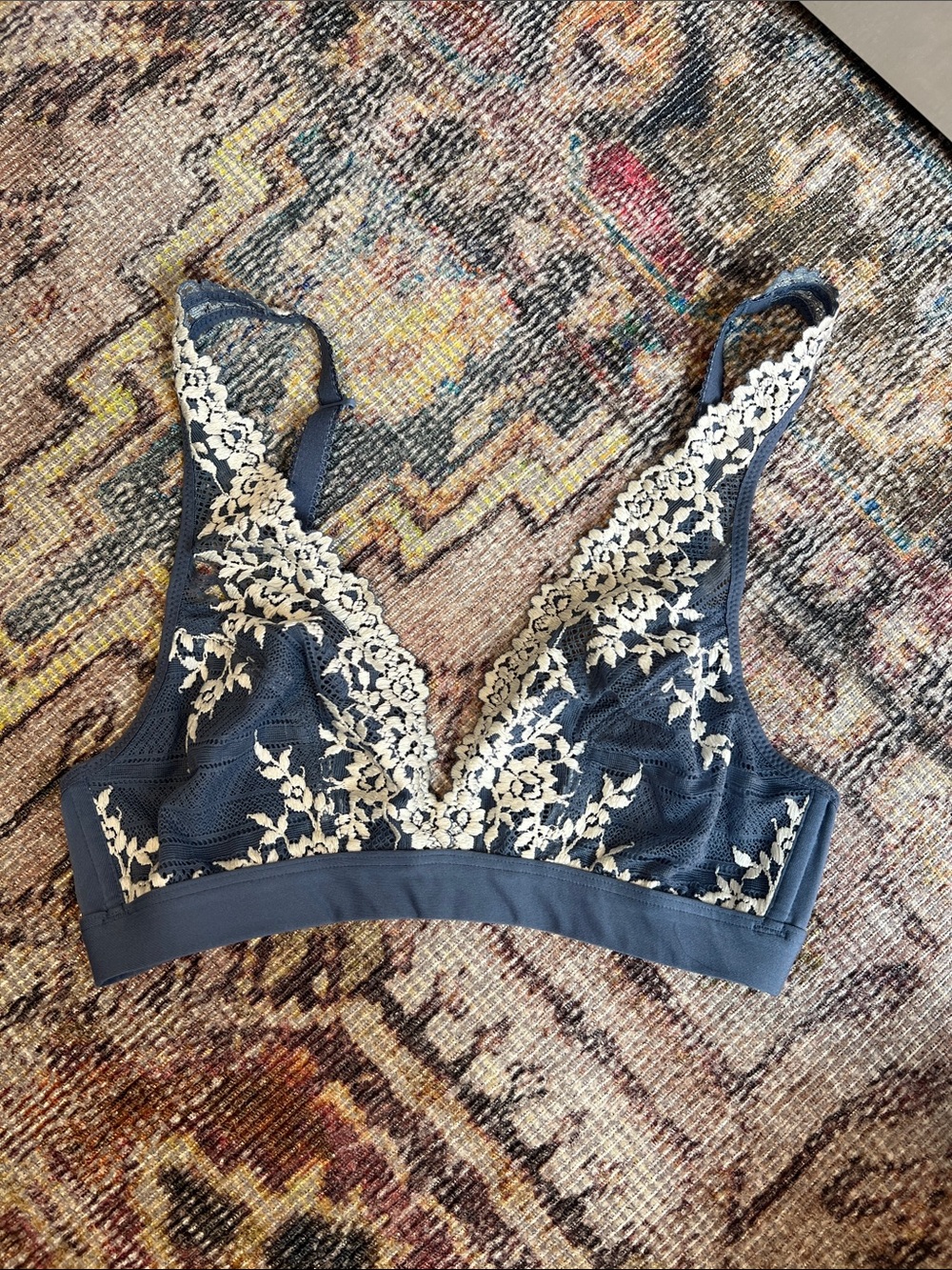 Floral Lace Bralette in Blue with Cream Appliqué
